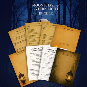 Puede incluir: Un conjunto de papeles impresos con el texto "MOON PHASE & LANTERN LIGHT BUNDLE". Los papeles tienen una estética vintage con ilustraciones de linternas y plumas. El fondo es azul oscuro con una escena de bosque.