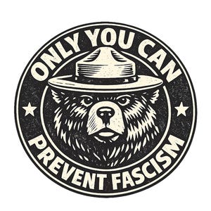May include: A circular graphic featuring a bear wearing a ranger hat. The text "ONLY YOU CAN PREVENT FASCISM" is printed around the bear in a distressed, vintage style. Two stars flank the bear's head.
