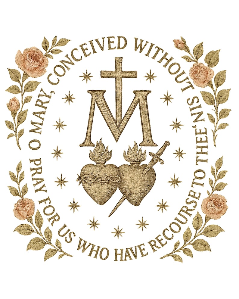 May include: A detailed illustration with religious imagery and text. The central design features a cross, a stylized "M", two hearts, and a sword. The image is encircled by a floral border with roses and the text "O Mary, conceived without sin, pray for us who have recourse to thee".
