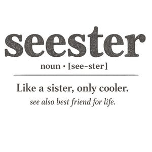 以下が含まれることがあります： 白地の背景に、テクスチャ加工された濃いグレーのフォントで「seester」という単語が書かれています。 下には「名詞 • Isee-ster」という定義があります。「妹のように、ただもっとクール。親友も参照」というフレーズも含まれています。