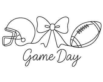 May include: Black and white line art illustration featuring a football helmet, a bow, and a football. The words "Game Day" are written in cursive below the objects. The design is simple and suitable for various applications.