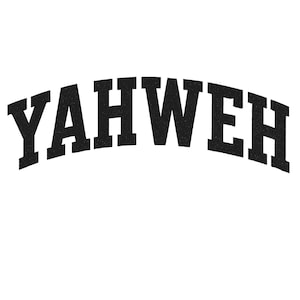 Pode incluir: Texto preto que soletra "YAHWEH" em uma fonte de letras de bloco curvada. As letras têm uma aparência texturizada, ligeiramente desgastada, em um fundo branco. O design é simples e arrojado.