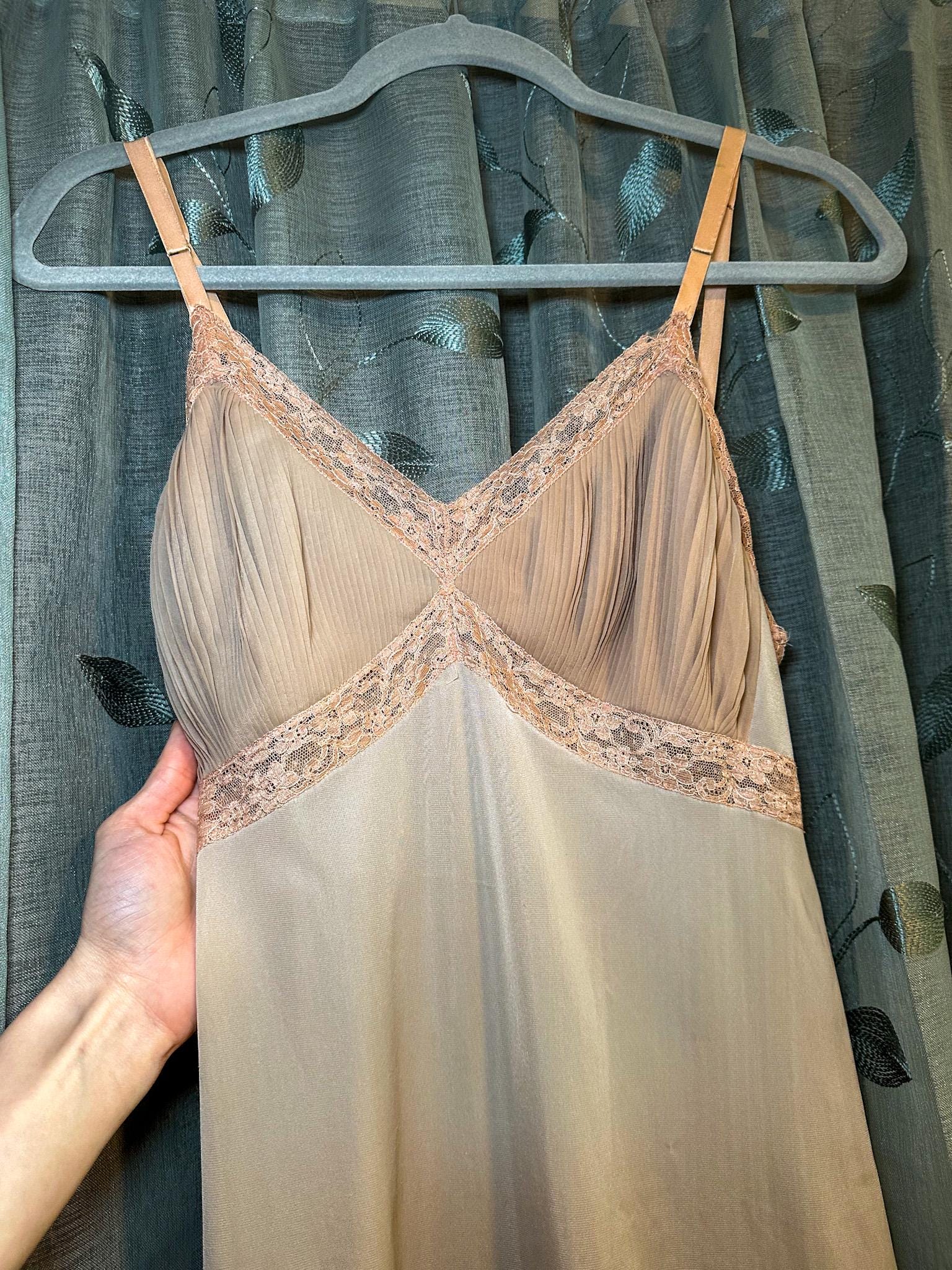 1950s Vanity Fair Slip | Tan Nylon with Pink Lace | Size 34 | Romantic Vintage Lingerie Dress | Coquette & Cottagecore Aesthetic