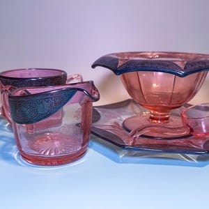 Vintage Pink Depression Glass Dessert Set | Jeannette Windsor Pattern | Rare Black Enamel Trim | Curated 5-Piece Set