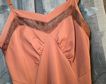 Rust/Burnt Sienna Slip Dress | Kickernick Nylon Lingerie | Floral Sheer Trim | 1960s Coquette Grunge Dress | Handpicked Vintage- Size 32-34