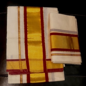 Kerala Kasav Set Mundu with Gold Border | Handloom Cotton Traditional Wear | Onam | Wedding | Festive Outfit