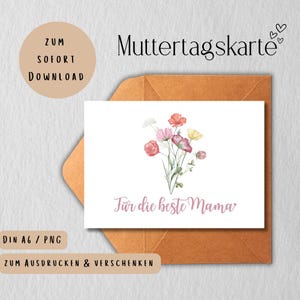 Tarjeta del Día de la Madre “Para la mejor mamá” – Diseño floral digital | Postal imprimible DIN A6 | Descarga instantánea PNG