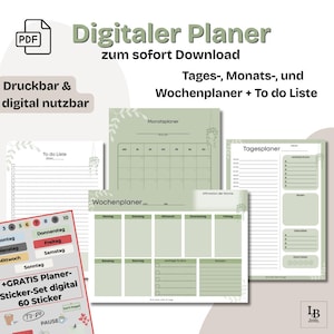 May include: Digital planner with a PDF icon, featuring a monthly, weekly, and daily planner, plus a to-do list. The design includes a sticker set with 60 stickers. The text says "Digital Planner" and "Printable & Digital Use".