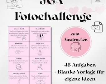 Peut inclure: Une feuille de défi photo imprimable rose et blanche avec le texte "JGA Fotochallenge". La feuille comprend diverses invites photo, une icône PDF et le texte "48 Aufgaben + Blanko Vorlage für eigene Ideen + Anleitung".