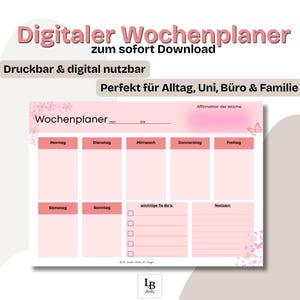 Könnte beinhalten: Rosa druckbarer Wochenplaner mit Schmetterlingsdesign. Der Planer enthält Abschnitte für Montag bis Sonntag, wichtige To-Dos und Notizen. Der Text "Affirmation der Woche" befindet sich oben auf der Seite.