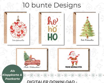 印刷できるカラフルなクリスマスカード | 10種類のデザイン | 折りたたみカードとポストカード | 直前のクリスマスカード | 小さなクリスマスギフトPDF