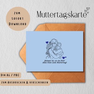 Tarjeta del Día de la Madre "¡El hogar está donde estás!" – Mamá e hijo – digital | Estilo de arte lineal | Postal imprimible A6 | Descarga instantánea PNG