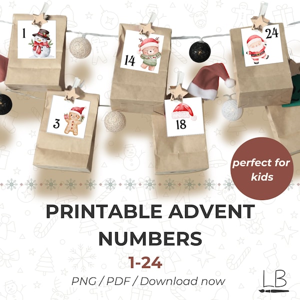 Printable Advent Calendar Numbers 1-24 Kids Christmas PDF, DIY Advent Numbers Download, Children Advent Calendar Watercolor Tags