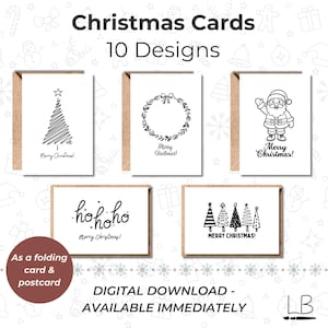 Könnte beinhalten: Weihnachtskarten mit 10 Designs. Die Karten zeigen schwarz-weiße Illustrationen von Weihnachtsbäumen, Kränzen, dem Weihnachtsmann und den Texten „Merry Christmas!“ und „ho ho ho!“. Als digitaler Download verfügbar.