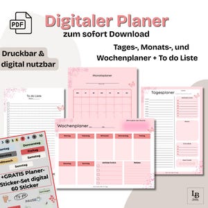 May include: Digital planner with pink accents, including daily, monthly, and weekly layouts, plus a to-do list. The design features butterfly illustrations and the text "Digitaler Planer" and "zum sofort Download". Includes a free digital sticker set.