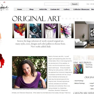 May include: Website homepage for an artist selling original abstract paintings. The website features a large selection of colorful abstract paintings, a photo of the artist, and information about her art and prints.
