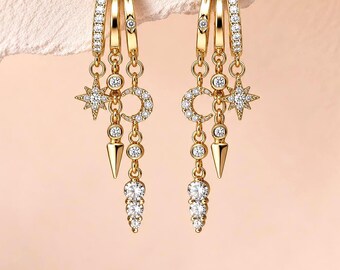 14K Gold Celestial CZ Triple Hoop Earrings, Layered Statement Jewelry