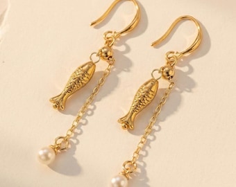 Adjustable Gold Fish Earrings with Pearl Drop, Gold Dangle Earrings with Sardine Charm, Whimsical Jewelry Unique Statement Gift for Her