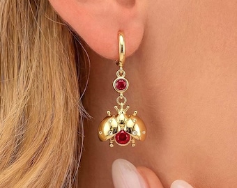 Gold Ladybug Gemstone Huggie Hoop Earrings, Movable Lucky Bug Dangle Earrings, Nature Inspired Gift for Mom Grandma Sisters, Bridesmaid Gift