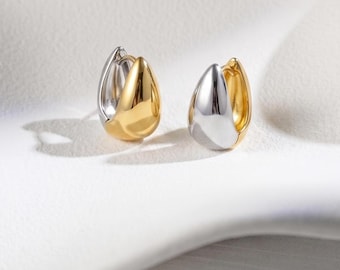 Convertible Gold Silver Teardrop Earrings, Mixed Metal Huggie Hoops, Two Tone Earrings, Vintage Statement Earrings Gift For Mom Wife Sisters
