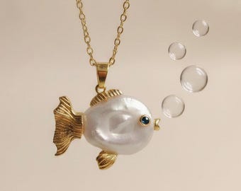Baroque Pearl Fish Necklace, Whimsical Jewelry, Handmade Pearl Gift For Mom Daughter Sisters Grandma, Bridesmaid Gift, Milestone Gift