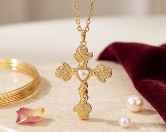 Gold Plated Rose Flower Cross Pendant Necklace with Heart Shaped Pearl, Vintage Style Crucifix Floral Jewelry Gift for Women, Baptism Gift