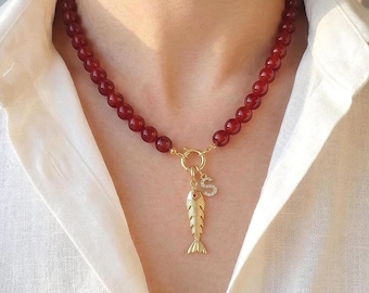 Red Carnelian Necklace, Articulated Fish, Pavé Gold Initial Charm, French Vintage Jewelry Gift For Mom Sisters Grandma Wife, Retirement Gift