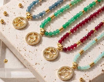 Gemstone Beaded Zodiac Choker Necklace, Personalized Birthstone Necklace, 18K Gold Plated Astrology Charm Necklace, Summer Necklace