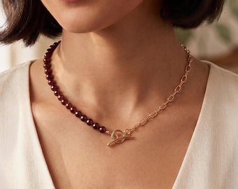 Half and Half Gemstone Link Choker Necklace, Gold Toggle Necklace, Minimalist Statement Gift For Mom Daughter Grandma Wife Girlfriend Sister