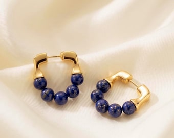 Lapis Lazuli Gold Hoop Earrings, Natural Gemstone Beaded Huggies, 18K Statement Gold & Blue Drop Earrings, Gift for Women