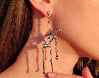 Movable Skeleton Earrings, Vintage Gold & Silver Goth Jewelry, Articulated Skeleton Dangles, Spooky Halloween Gift for Her