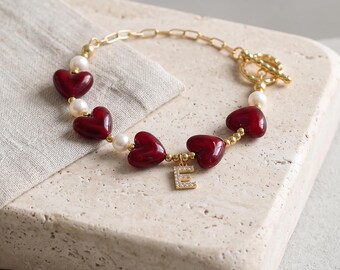 Pearl Heart Bracelet with Custom Initial Charm, Baroque Pearl Name Bracelet With Half Linked Chain, Gold Toggle Statement Trendy Jewelry