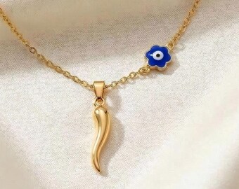 Gold Evil Eye Italian Horn Necklace, Trendy Protection Necklace, Cornicello Charm, Dainty Layering Jewelry Gift For Mom Wife Sister Daughter