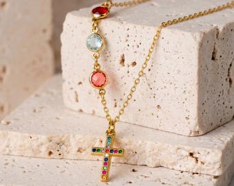 Asymmetrical Rainbow Cross Necklace, Family Birthstones Necklace, Personalized Gift, Mother Birthday Gift, Christmas Gift for Her