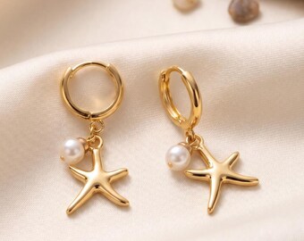 Gold Starfish Seahorse Pearl Hoops, Beach Jewelry, Ocean Sea Animal Earrings, Gift For Mom Grandma, Daughter Birthday, Wife Anniversary Gift