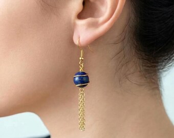 Lapis Lazuli Gemstone Tassel Earrings, Handmade Earrings Gift For Mom Grandma Sisters Daughter Wife, September Birthday Gift From Husband