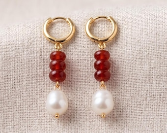 Red Carnelian Pearl Huggie Hoop Earrings, Natural Gemstone Earrings, 18k Gold Dainty Pearl Drop Earrings Gift for Her