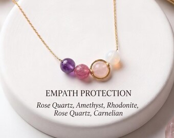 Empath Protection Necklace, Rose Quartz Amethyst Rhodonite Healing Crystals, Meaningful Protection Jewelry, Wellness Meditation Gift For Her