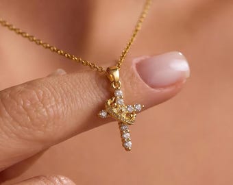 Mini Crown Cross Necklace, 18k Gold Plated Christian Gift, Religious Gift For Mom Grandma Sisters, Anniversary Gift For Wife, Baptism Gift