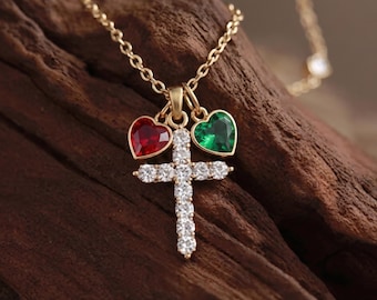 Birthstone Stone Crown Cross Necklace, 18K Gold Family Birth Stone Necklace, Faith Jewelry Gifts For Her