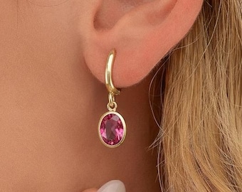 Oval Birthstone Huggie Hoop Earrings, 18K Gold Dainty Gemstone Earrings, Gifts For Mom Sisters Daughter Wife, Bridesmaid Wedding Gift
