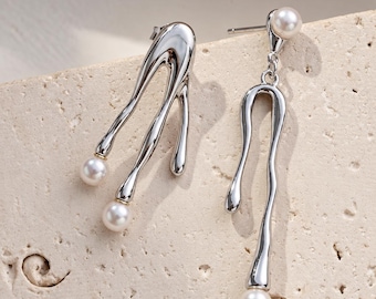 Mismatched Pearl Drop Earrings: Molten Metal Earrings, Minimalist Statement Earrings, Sculptural Modern Art Studs, Everyday Earrings Silver