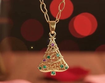 Dainty 18K Gold Heart Tree Pendant Necklace: Minimalist Gemstone Fir Tree Jewelry, Unique Anniversary or Valentine’s Day Gift for Women