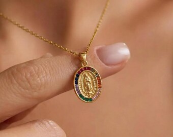 18K Gold Virgin Mary Necklace, Rainbow Guadalupe Necklace, Miraculous Medal Minimalist Jewelry Religious Necklace for Her, Catholic Jewelry