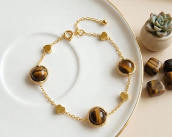 Tiger Eye Bracelet, 18k Gold Heart Bracelet, Protection Jewelry, Dainty Gemstone Gift For Mom Sisters Daughter Wife, Gift From Husband