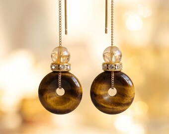 Tiger Eye Threader Gold Earrings, Citrine and Tiger’s Eye Donut Ring Earrings, 18k Gold Plated Gemstone Dangle Earrings, Unique Gift for Her