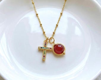 Dainty Colorful Cross Necklace, Natural Gemstone Carnelian Necklace, 18K Gold Jewelry, Unique Gift for Her