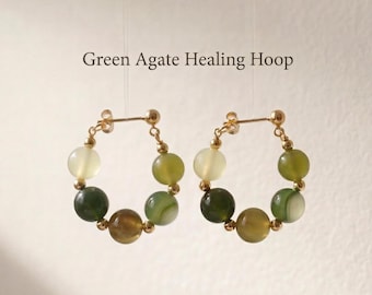 Green Agate Hoop Earrings, Gold Plated Gemstone Jewelry, Minimalist Gold Hoops, Light Weight Gold Dangle Earrings Gift For Mom Sisters Wife