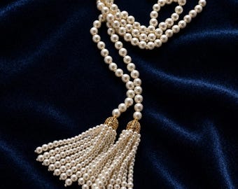 Vintage Glass Pearl Lariat Necklace, Art Deco Tassel Flapper Jewelry