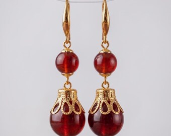 Carnelian Dangle Earrings Vintage Style, Gold Plated Bead Earrings, Red Gemstone Jewelry, Christmas Holiday Gift for Wife Mom Her